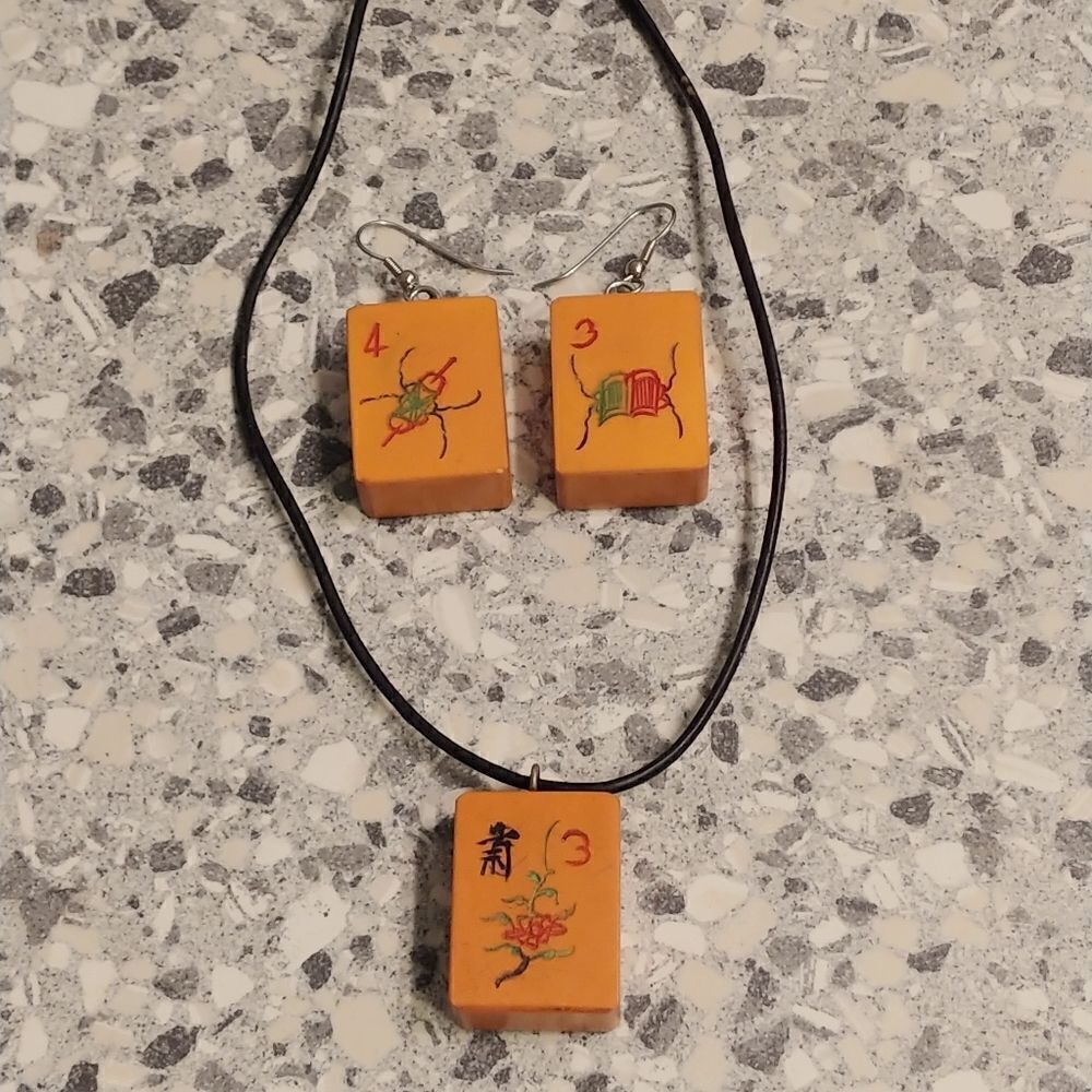 VTG 90s Mahjong Necklace & Earring Set - Picture 2 of 8